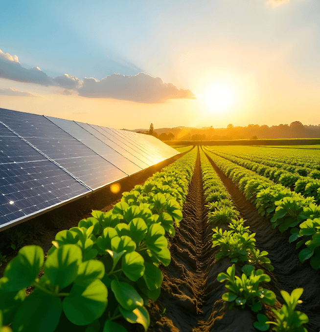 Solar panels on farmland with crops